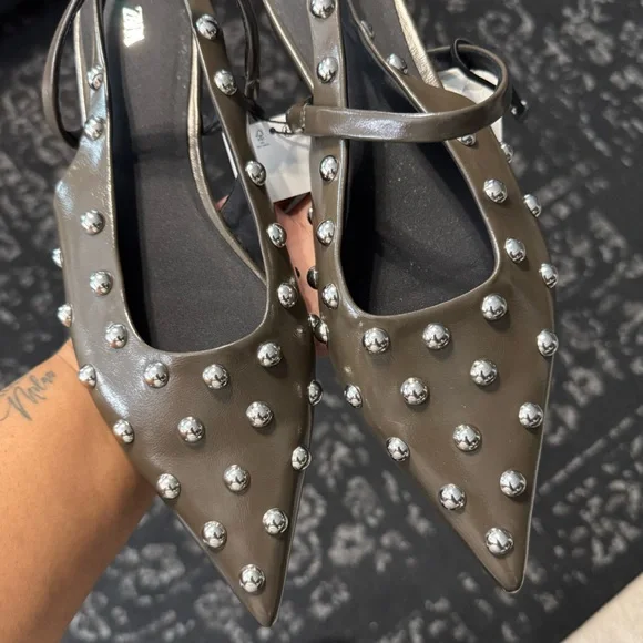 Zara Studded Gray Women's Flat Slingbacks - Picture 2 of 8